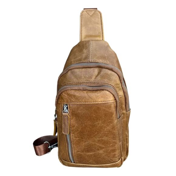 Cal-Wyn NWT Light Brown Cowhide Leather Sling Bag with Adjustable Shoulder Strap - Picture 1 of 7